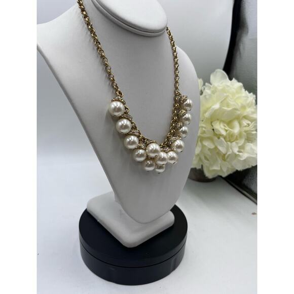 J. Crew Gold-Tone Faux Pearl Rhinestone Dangle Cluster Statement‎ Necklace - Picture 5 of 11